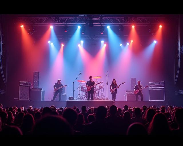A full stage setup with integrated lighting, speakers, and a band performing.