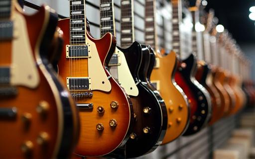 A wall of high-end electric guitars